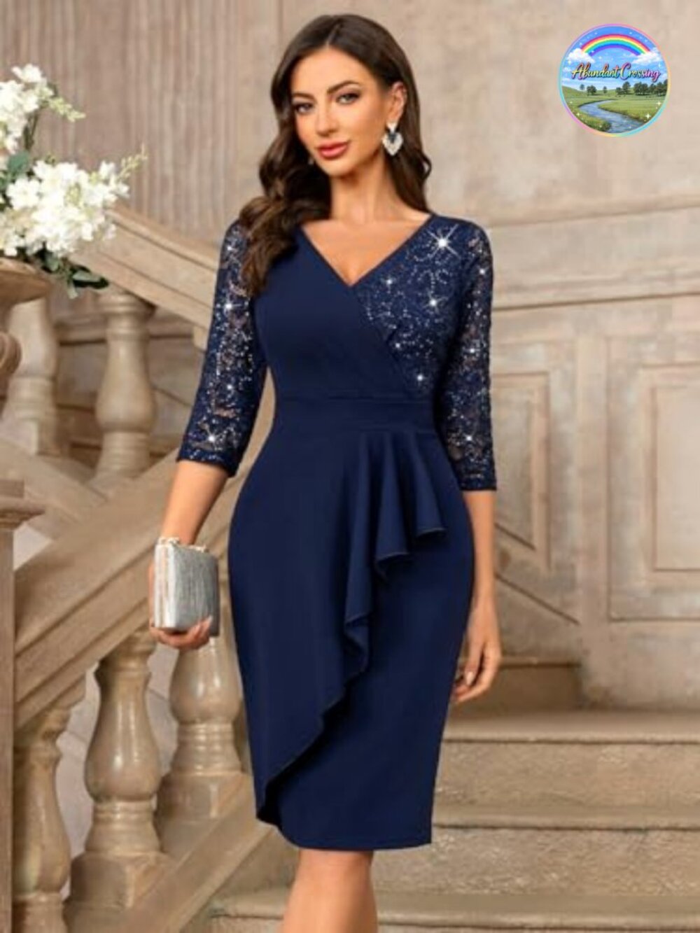 Sequin Lace V-Neck 3/4 Sleeve Cocktail Dress with Ruffle